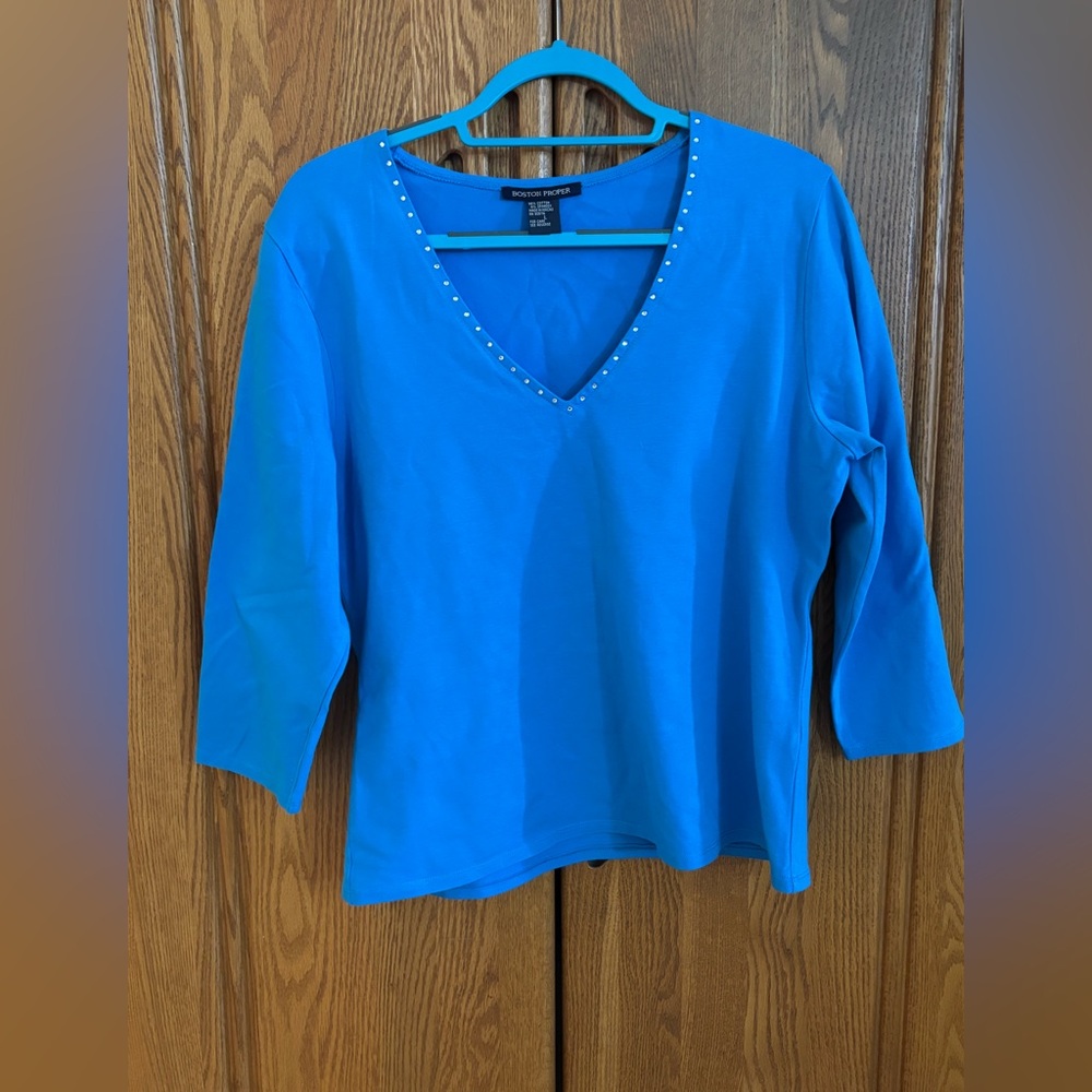 Boston Proper Studded Blue 3/4 Sleeve Top